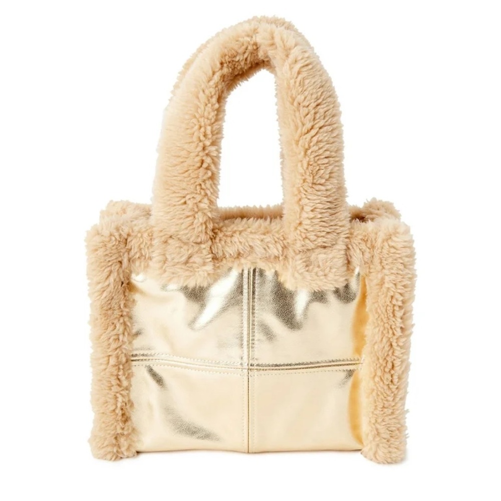 NWOT tote- metallic Gold with Sherpa edging & handles, No Boundaries